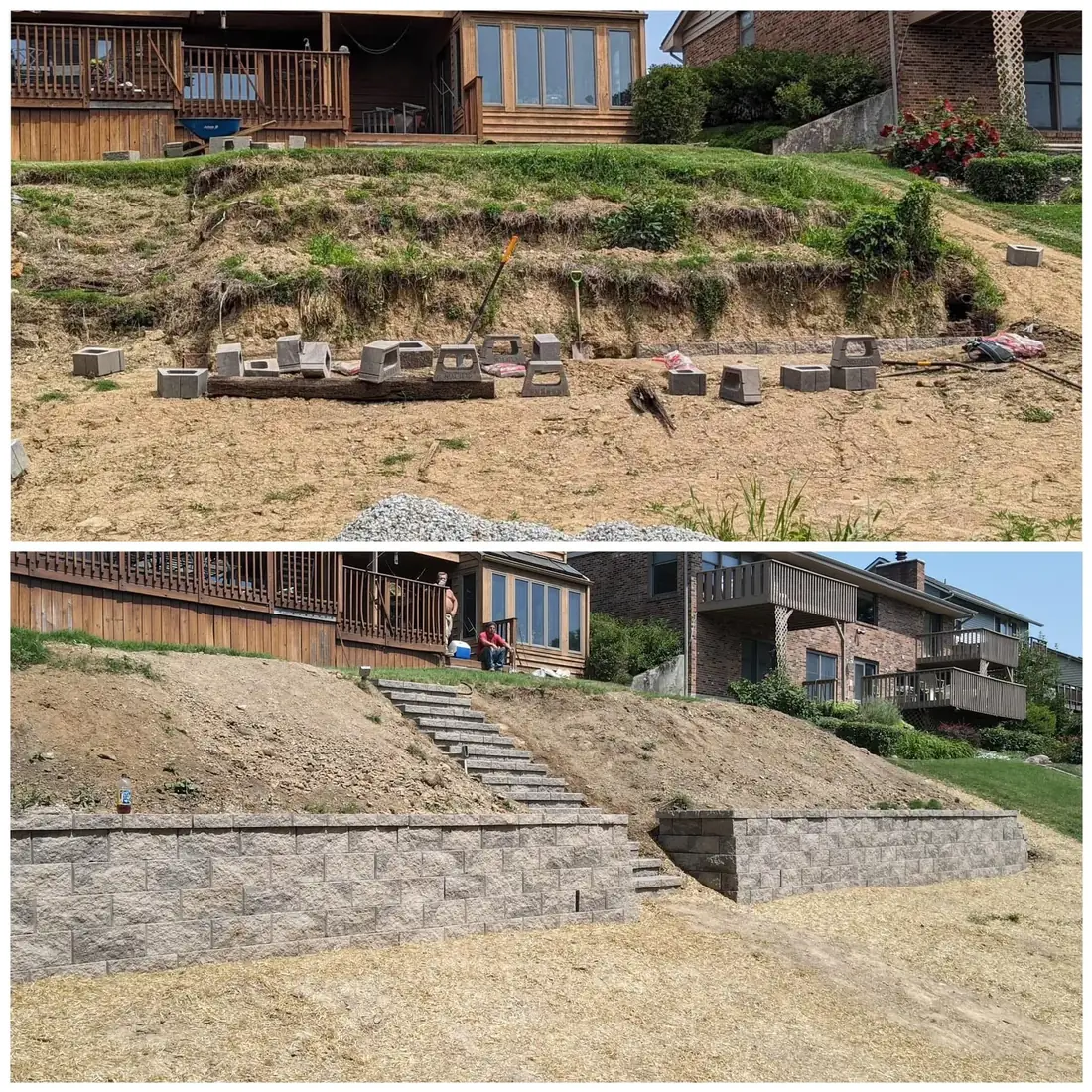 Before and after an eroded hillside rebuilt as a block retaining wall with a stone stairway