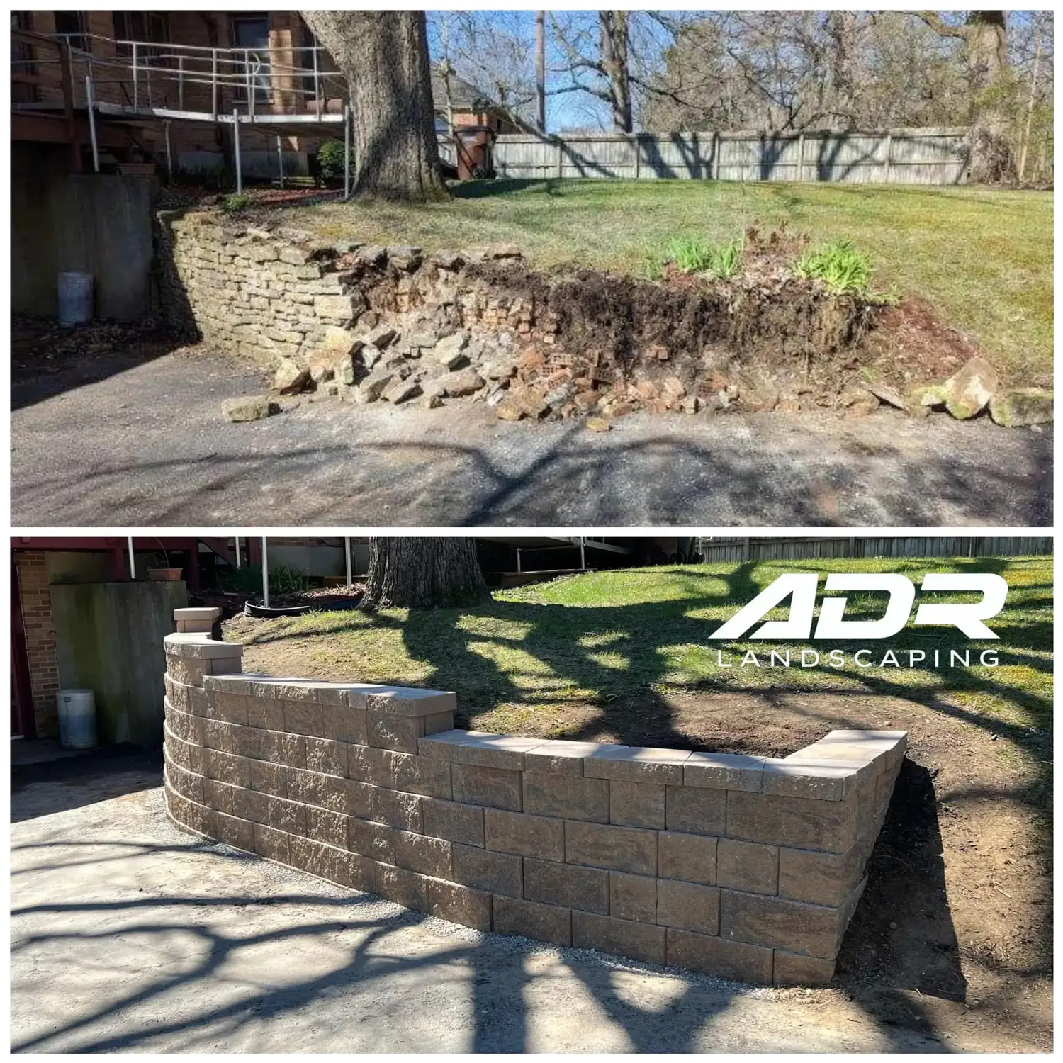 Before and after a collapsed stone wall rebuilt as a block wall with pillars and caps